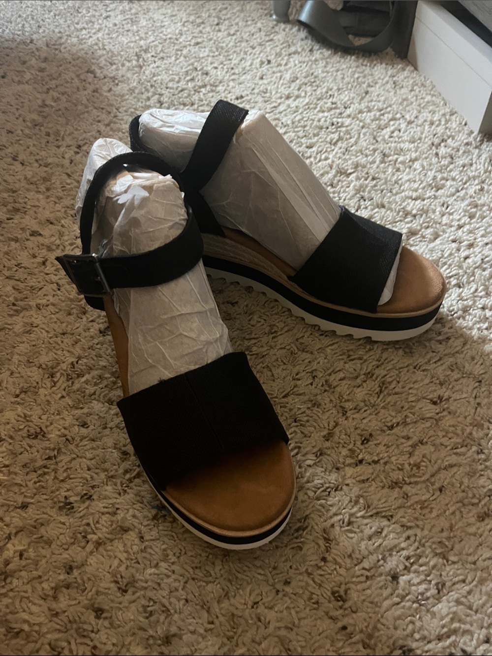 Toms Black Platform Sandals with Tan Footbed